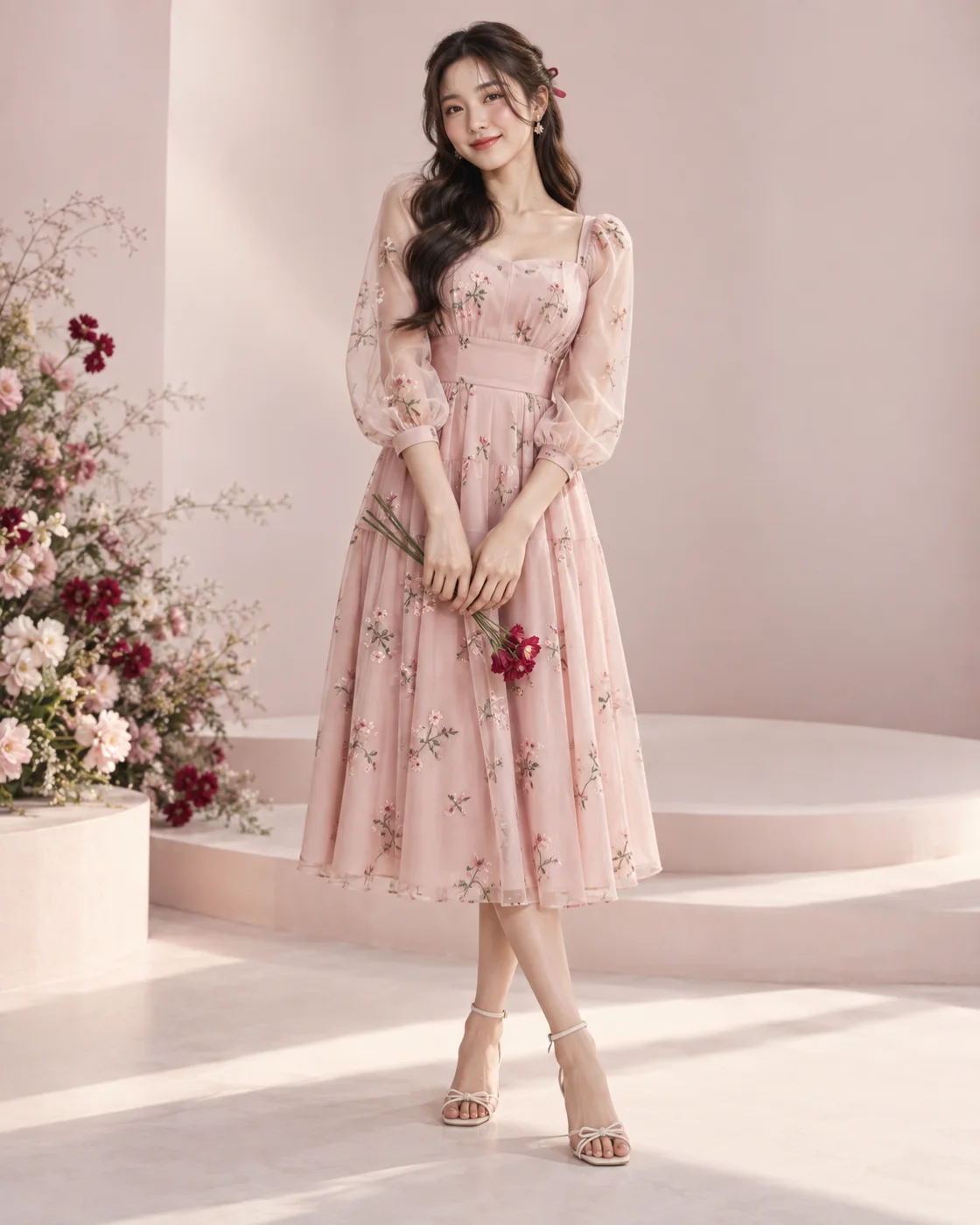 ผู้หญิงเอเชียสวมเดรสสีชมพูปักลายดอกไม้ในฉากแฟชั่นร่วมสมัย