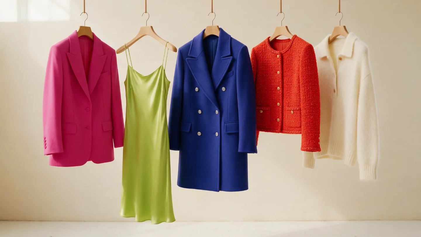 ภาพประกอบเสื้อผ้า 5 เฉดเทรนด์สี 2026 บนไม้แขวน ทั้ง Fuchsia, Lime, Klein Blue, Tomato Red และ Cloud Dancer