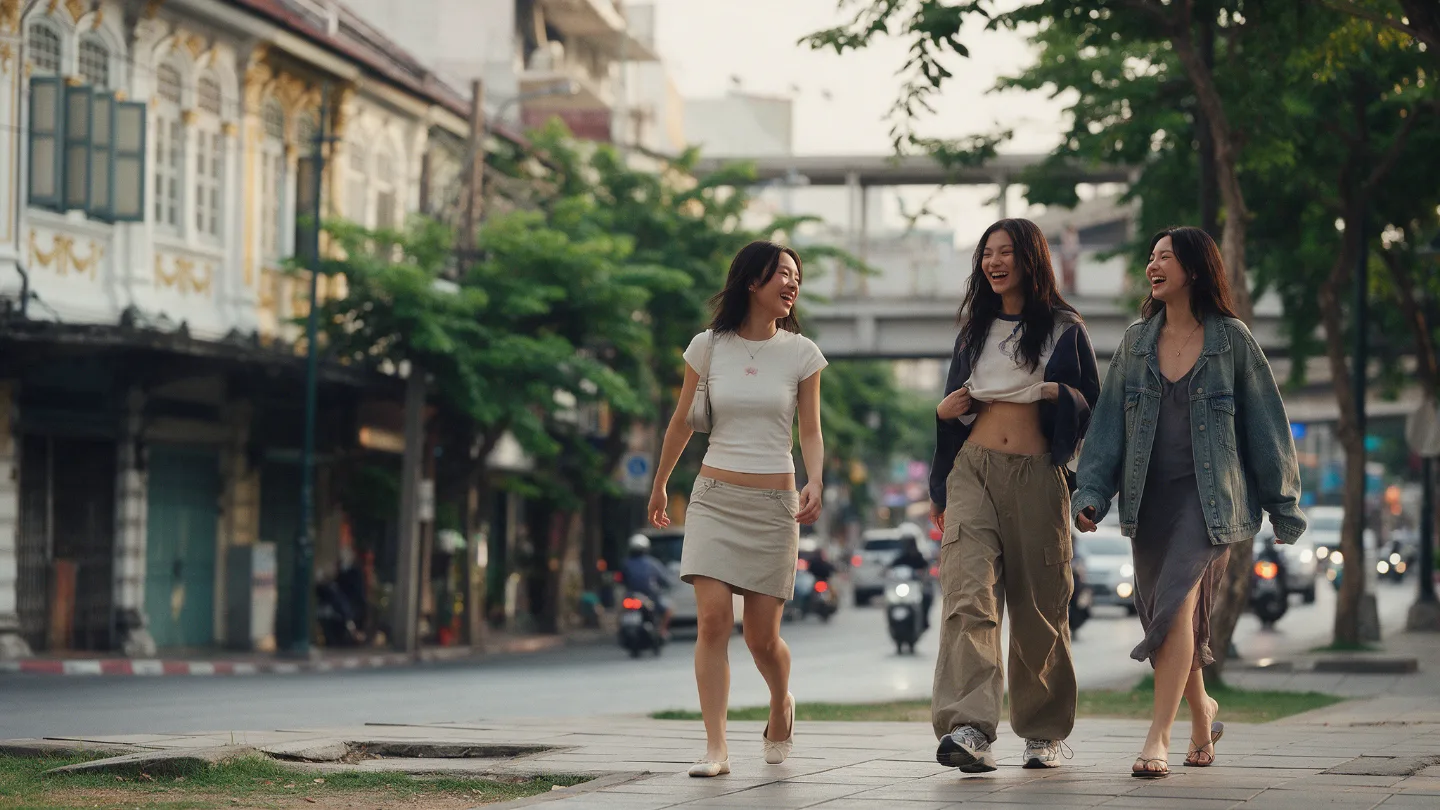 ภาพประกอบสามสาว Gen Z แต่งตัวสไตล์ Y2K Minimal สตรีท และวินเทจ เดินบนถนนในกรุงเทพฯ