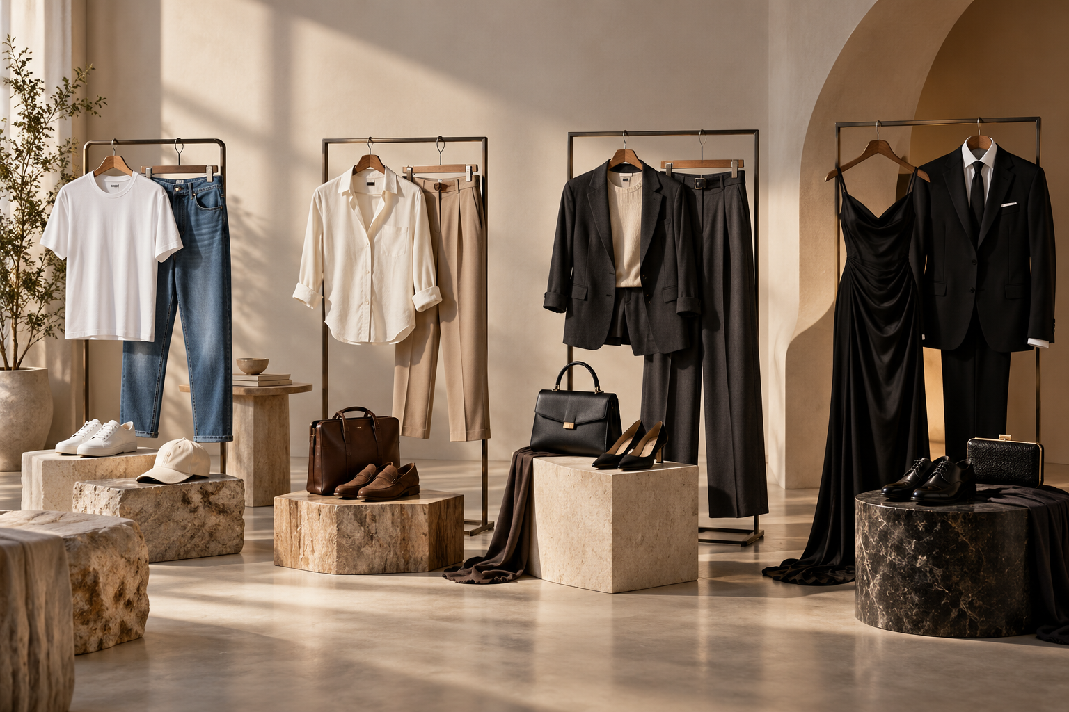 เสื้อผ้า 4 ระดับจาก Casual, Business Casual, Smart Casual ไปจนถึง Formal จัดวางในสตูดิโอโทนอุ่น