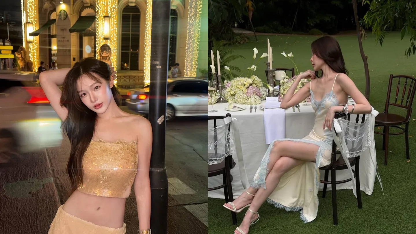 นางแบบสวมท็อปเกาะอกแต่งเลื่อมสีทองริมถนนยามค่ำ และนางแบบสวมชุดแต่งลูกไม้นั่งข้างโต๊ะอาหารในสวน จากแบรนด์ Fabrique