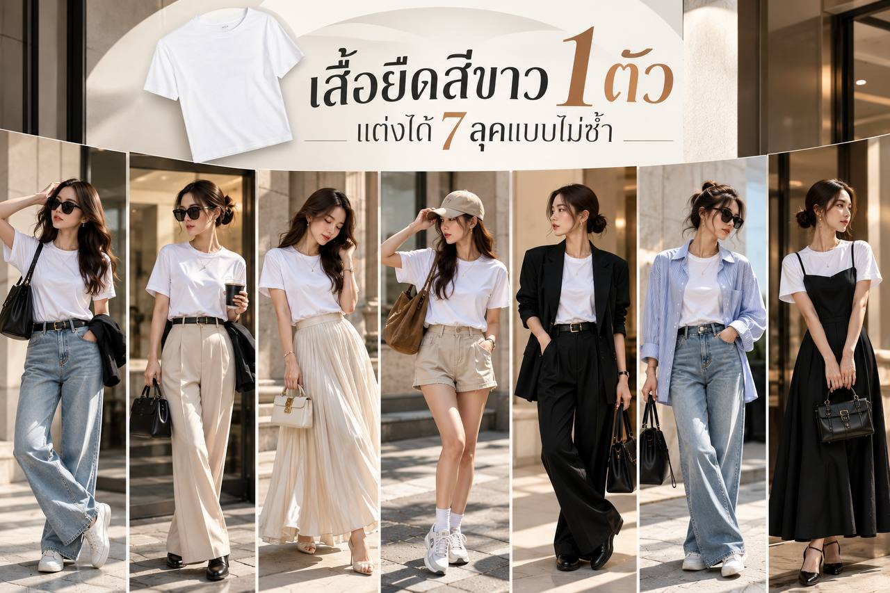 เสื้อยืดสีขาว 1 ตัว กับ 7 ลุค ตั้งแต่กางเกงยีนส์ กระโปรง กางเกงขาสั้น และเบลเซอร์