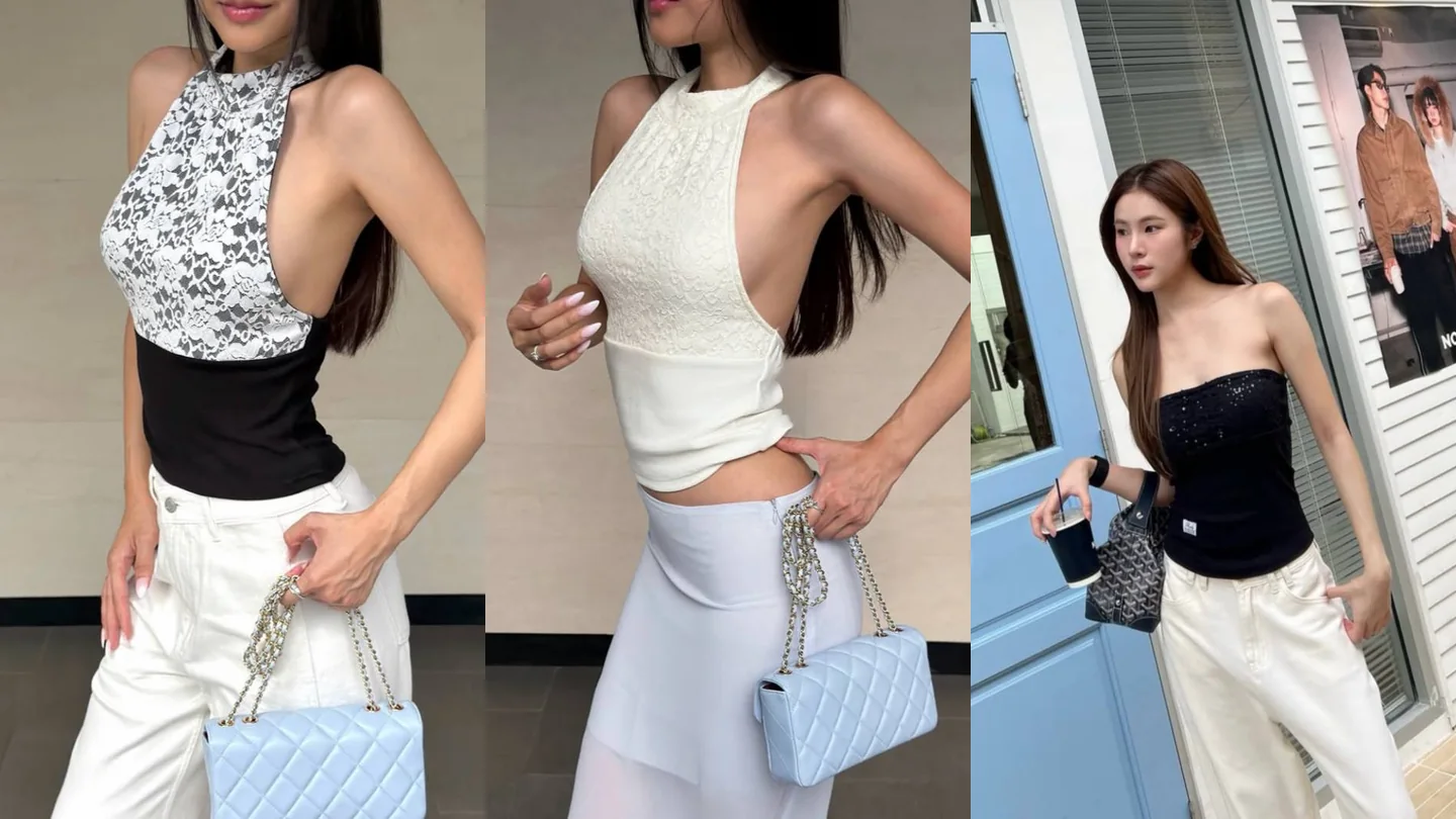 นางแบบสามคน ท็อปคล้องคอลูกไม้สลับขาวดำคู่ยีนส์ขาว ท็อปคล้องคอสีครีมคู่กระโปรงสีม่วงอ่อน และท็อปเกาะอกสีดำแต่งเลื่อมคู่กางเกงขาว