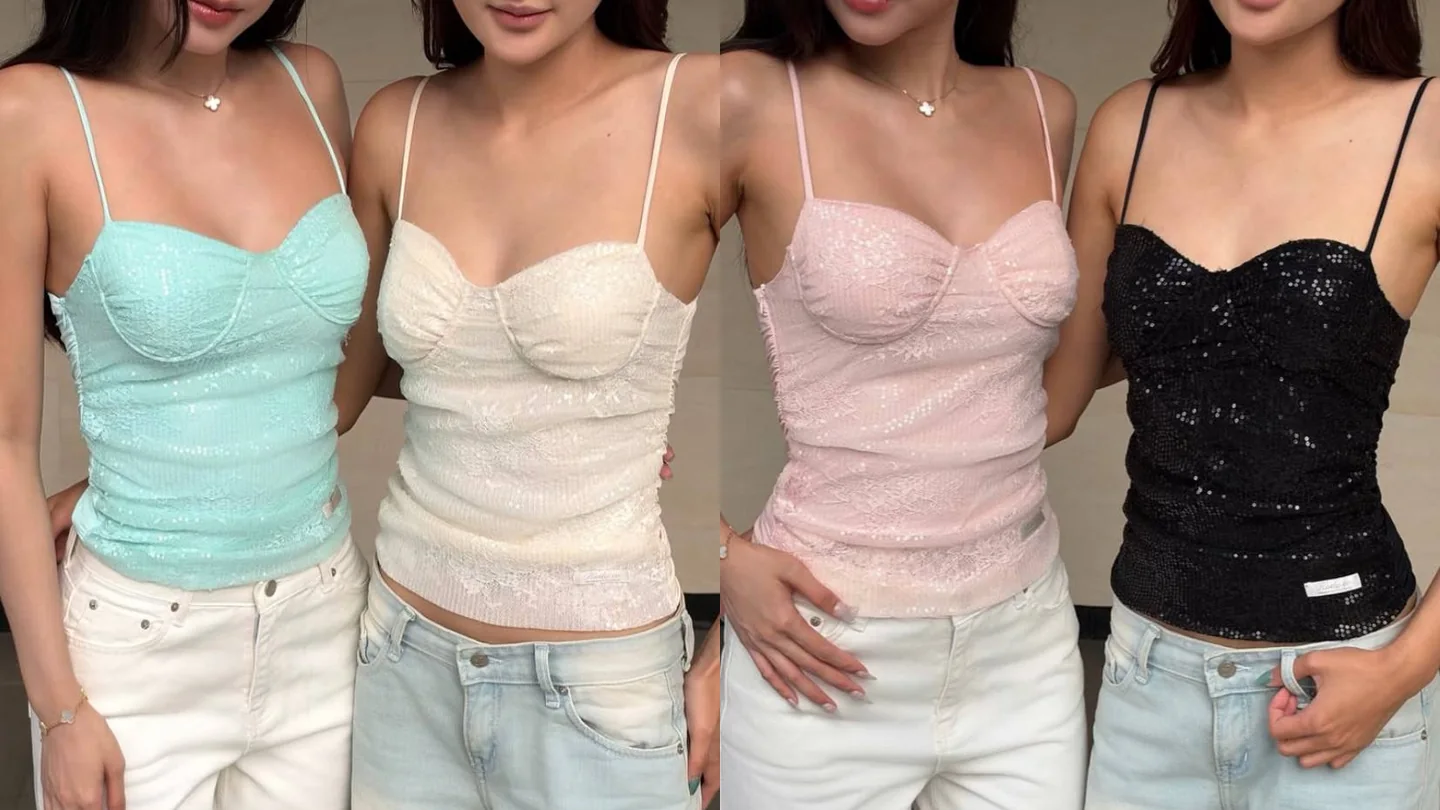 ภาพคู่ นางแบบสองคนในแต่ละภาพสวมเสื้อสายเดี่ยวทรงบราแต่งเลื่อม สีมินต์ ครีม ชมพูอ่อน และดำ คู่ยีนส์